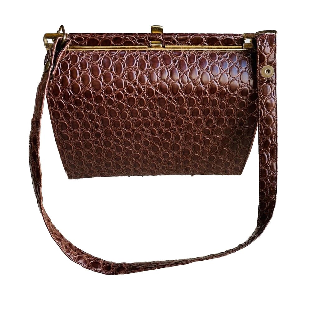 Vintage Lennox Moc Croc Purse Textured Leather Pocketbook Shoulderbag Brown Gold